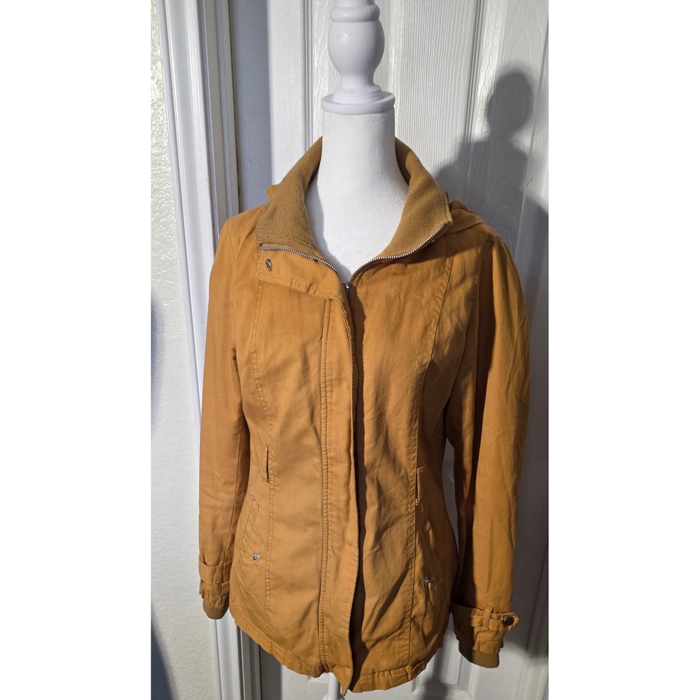 Miss London Black Label Mustard Yellow Hooded Utility Jacket Women Medium Cotton